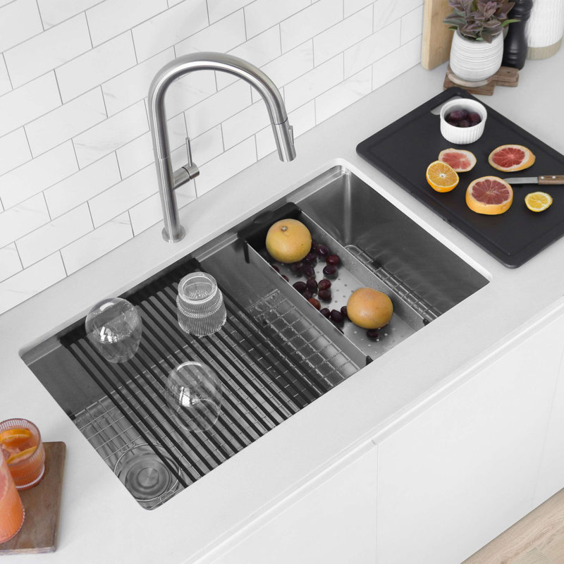 Stylish Versa33 Undermount 33" Workstation 16-gauge Single-Bowl Kitchen Sink, Brushed Stainless Steel