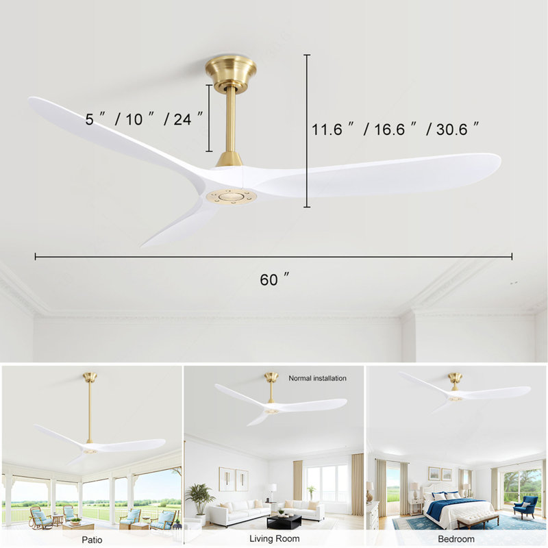 Ventilateur de plafond intelligent moderne en ABS de 60 pouces avec moteur à courant continu réversible à télécommande 6 vitesses pour chambre à coucher