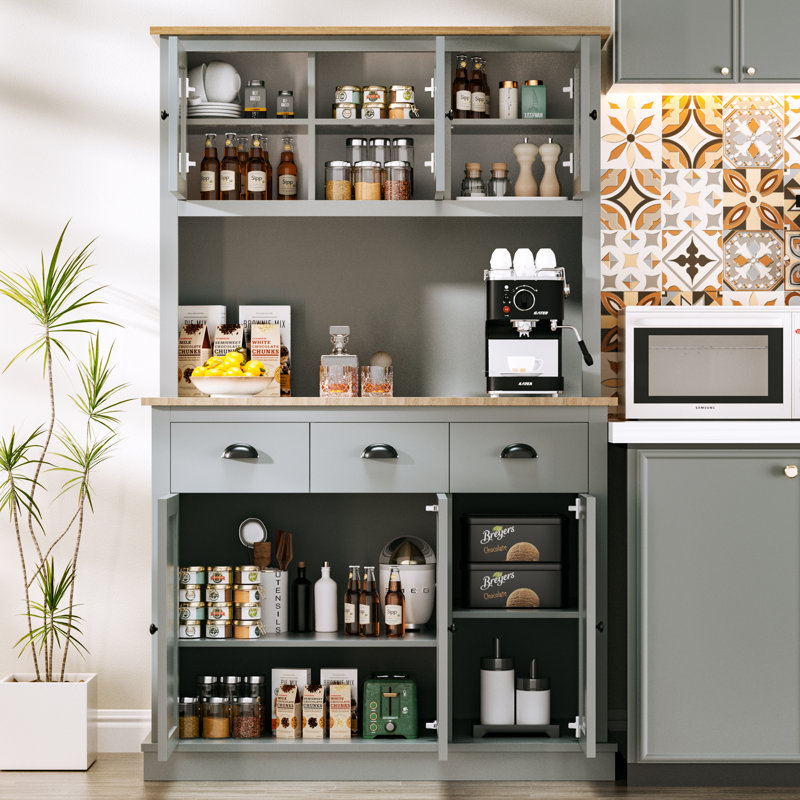 71" Kitchen Hutch Storage Cabinet With Charging Station, Gray