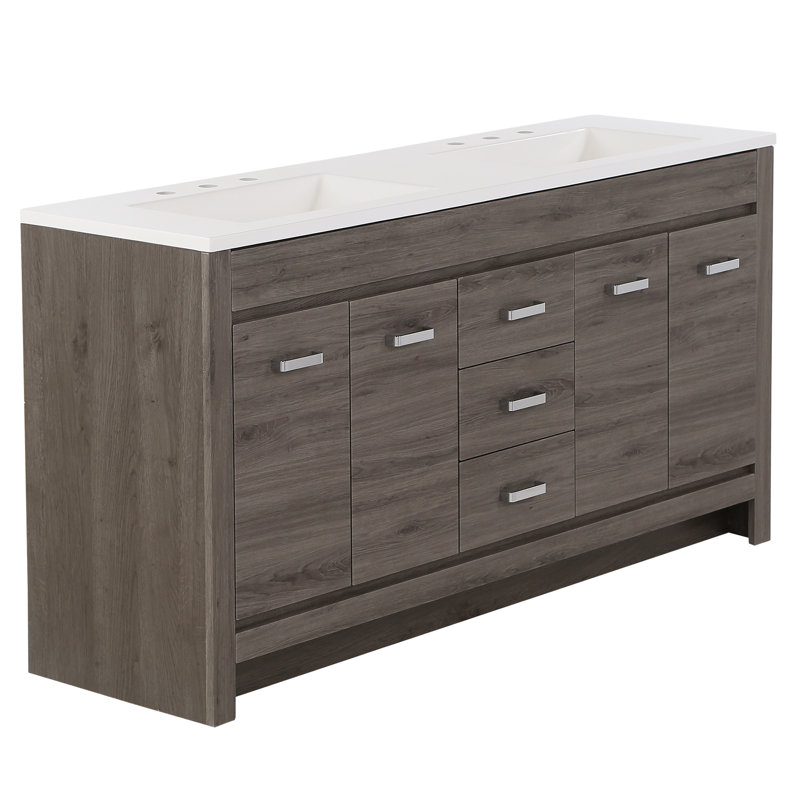60.5" Double Bathroom Vanity With Cultured Marble Top, Dark Oak