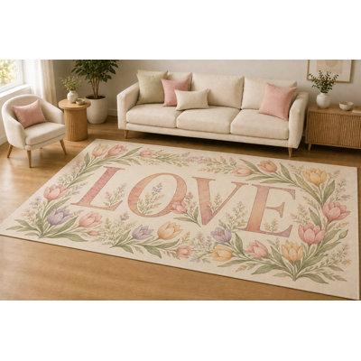 Tapis d'intérieur « Ultra Thin » 152 x 213 cm (5 pi x 7 pi) à motif tulipe « LOVE », doux et à poils courts, avec envers antidérapant en silicone, idéal pour le salon, la chambre ou la salle familiale, beige et rose.