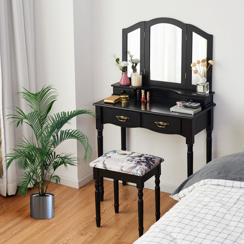 Ensemble coiffeuse avec tabouret et miroir Django, Noir