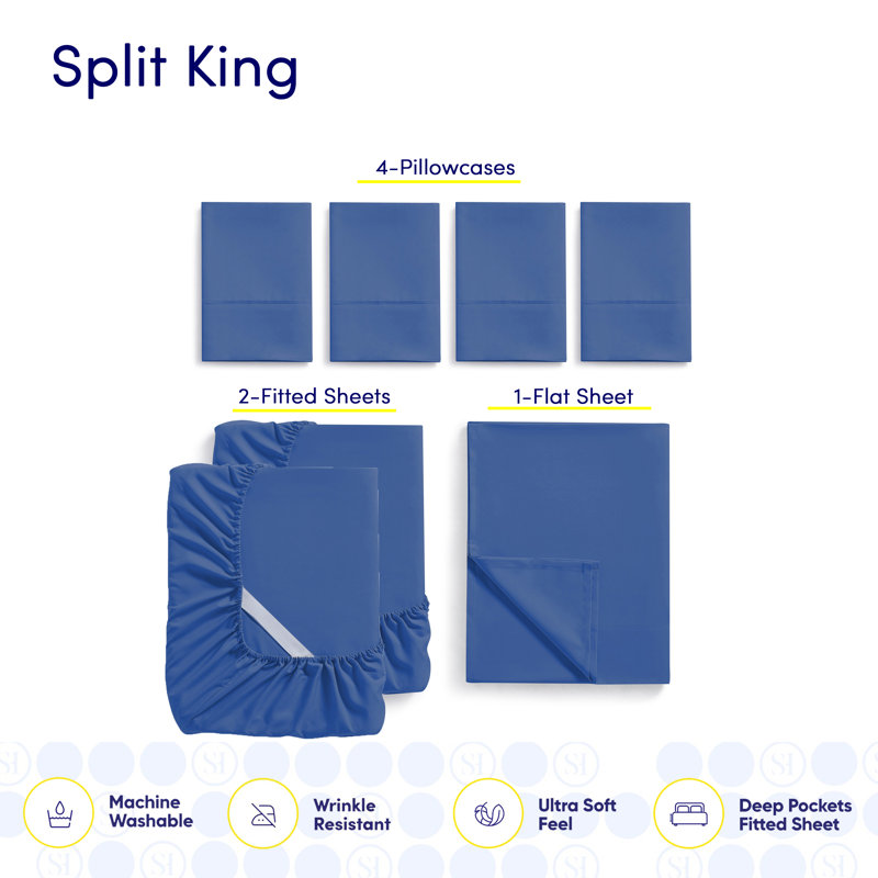 Luxurious Soft Microfiber Sheet Set with Bonus Pillowcases, Royal Blue, Split King Sheet Set with 4 Pillowcases