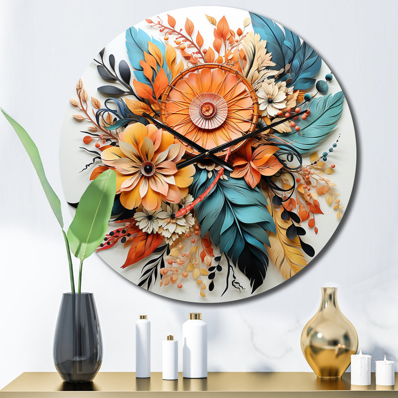 Horloge murale orange fleurs de bohème orange et plumes bleues, Moyenne