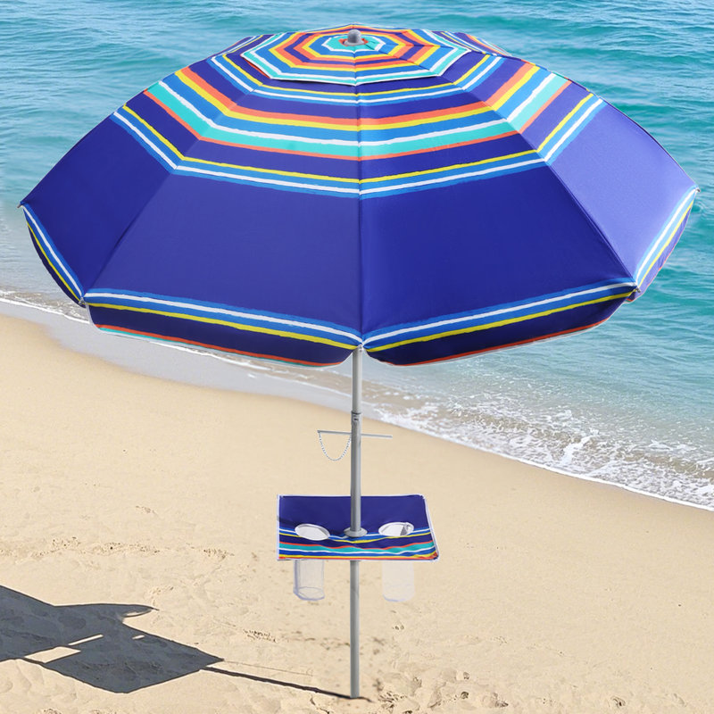 Parasol de plage de 84 po avec table intégrée avec ancre de sable et inclinaison, Rayé bleu / orange