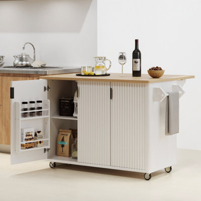 51" Fluted Farmhouse Kitchen Island with Drop Leaf, Wheels & Storage Rack in Black Ash