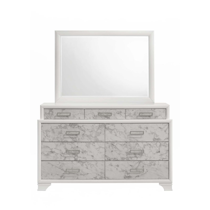 Ensemble de chambre à coucher, Double, Lit, table de chevet, commodes, miroir de commode