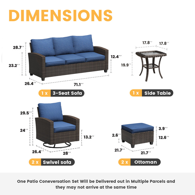 Interiano 5-Person Patio Wicker Conversation Set with Cushions, Swivel Rocker Chairs, and Ottomans, Slate Blue