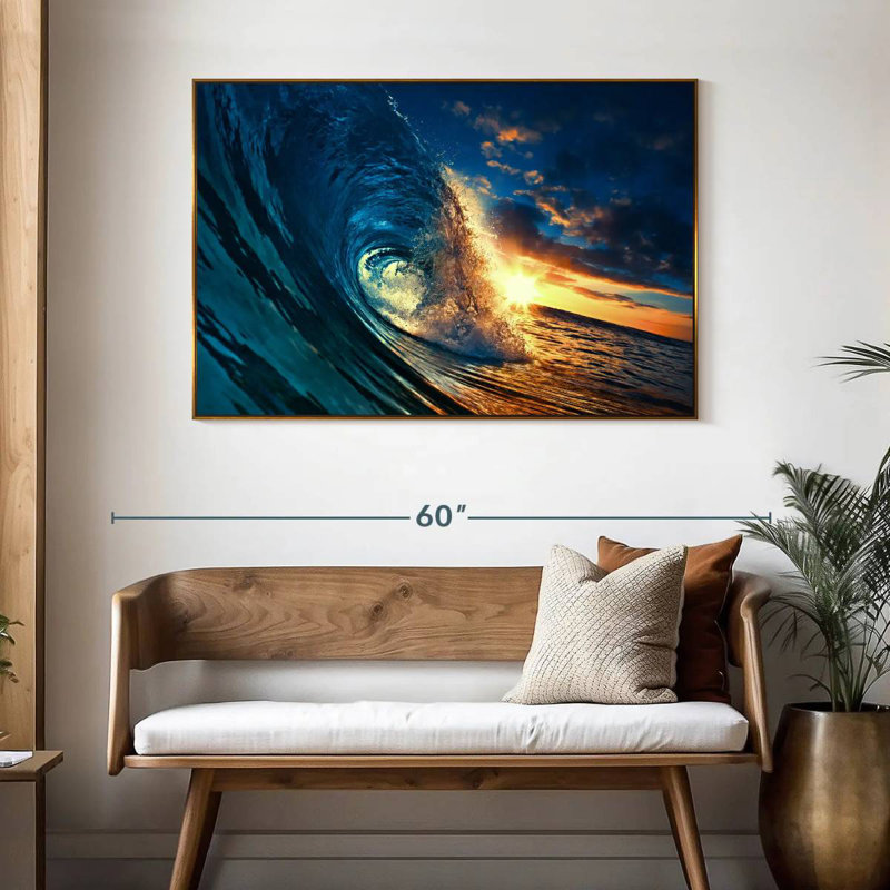 Vague de coucher de soleil océan, 46 po x 31 po, Cadre flottant doré