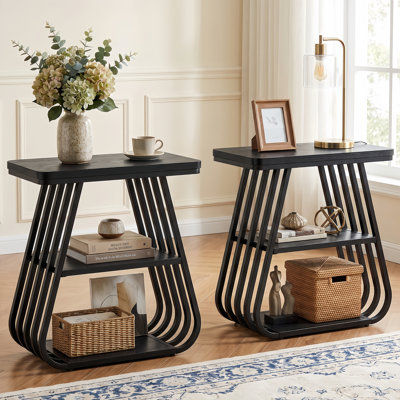 Table de chevet industrielle à 3 niveaux avec tablettes de rangement ouvertes, table d'appoint de 23,62 po avec structure en métal incurvée, table de chevet compacte pour la chambre à coucher et le salon
