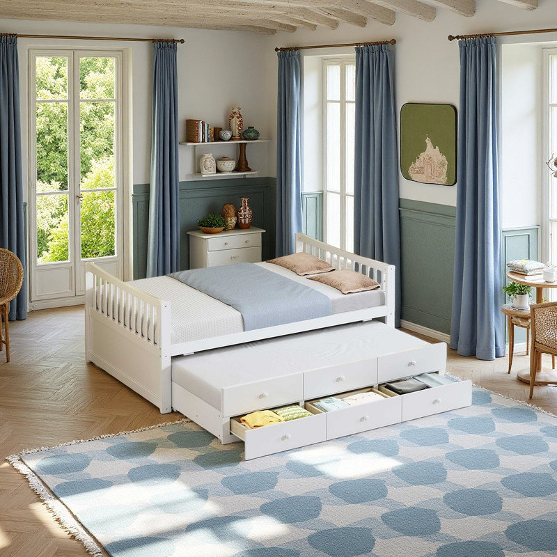 Full size Bed with Trundle & Storage Drawer, White