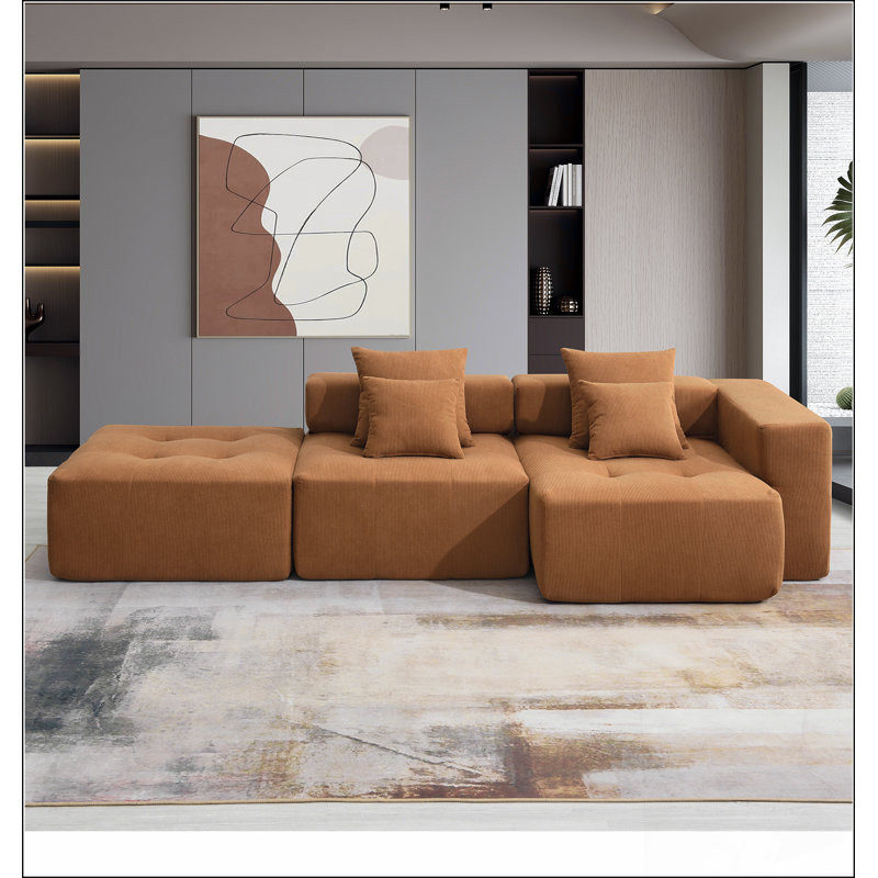 Ensemble de canapé modulaire en forme de L 105,5 po, canapé de plancher minimaliste en velours côtelé, Brun