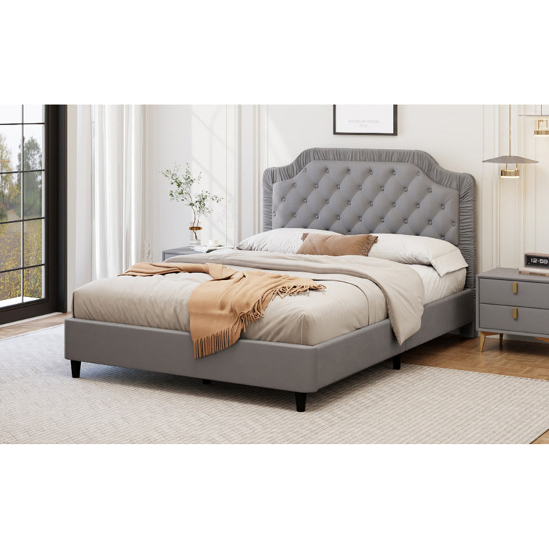 Button Tufted Velvet Upholstered Bed, Gray, Full / Double