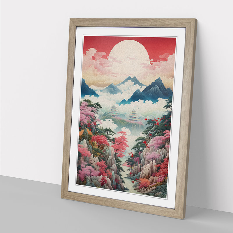 Japanese Mountains Rococo Art - Framed Print, 46cm H x 34cm W x 2cm D, Oak