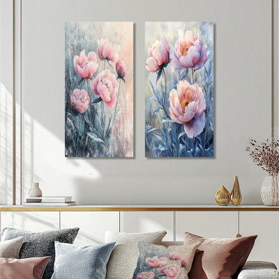 Frosty Field pivoines Elegance I - Garden, impression murale 2 pièces