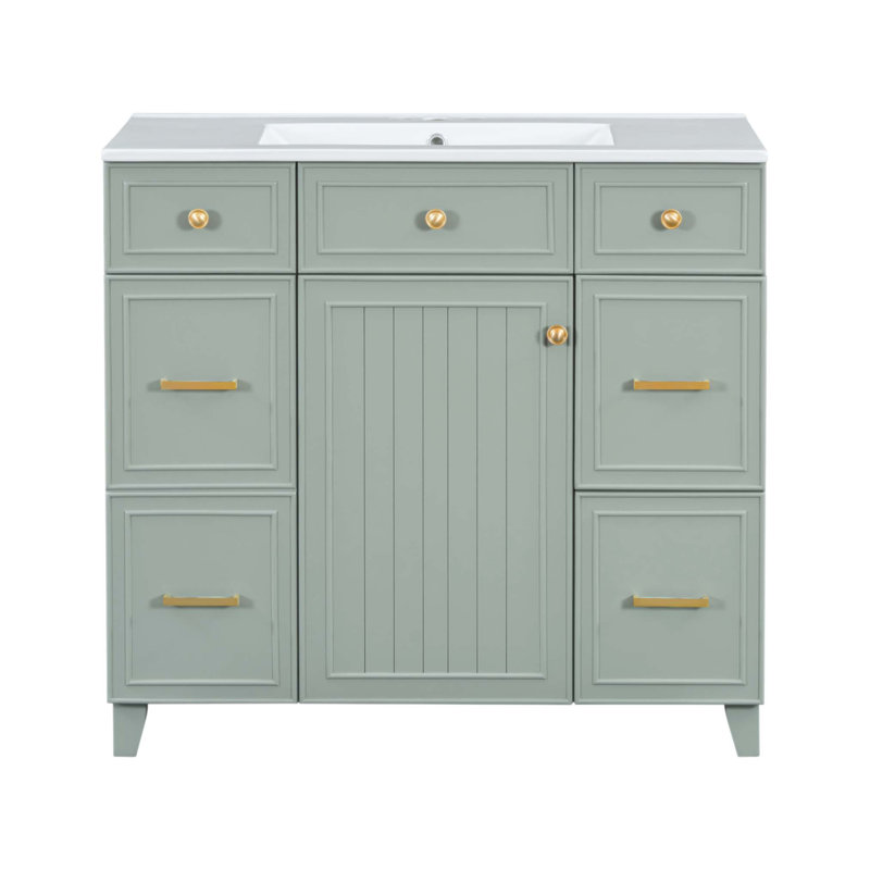 36 Inch Bathroom Vanity, Soft Close Doors, Adjustable Shelves, And Hairdryer Storage Drawer, Green