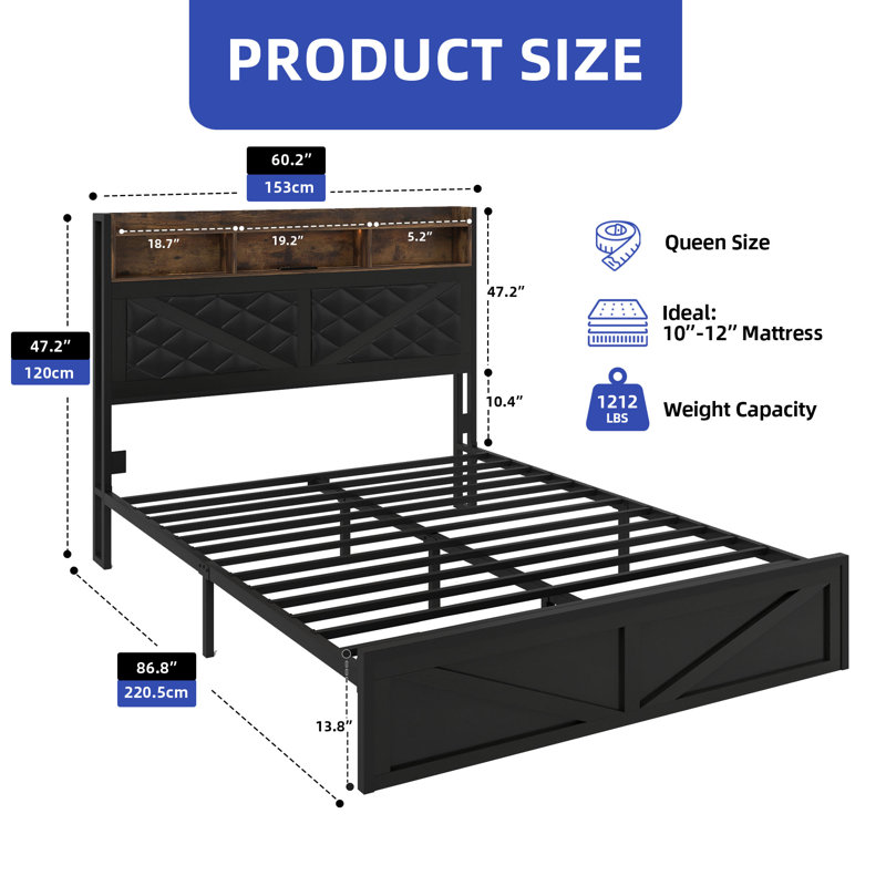 Diamond Rustic Upholstered Platform Bed, Queen, Black