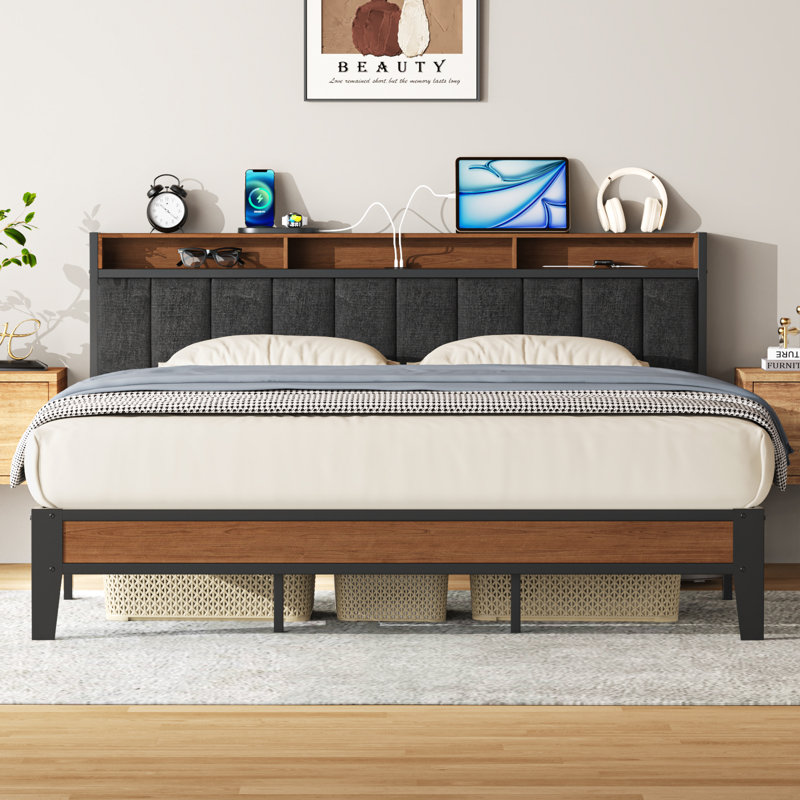 Upholstered Bed Frame with Charging Station and Storage Headboard, Gray, California King