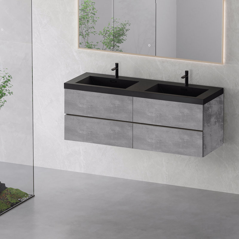 Meuble-lavabo flottant double de 60 po de largeur, armoire murale moderne, double cuve noire à quartz et 4 tiroirs à fermeture en douceur