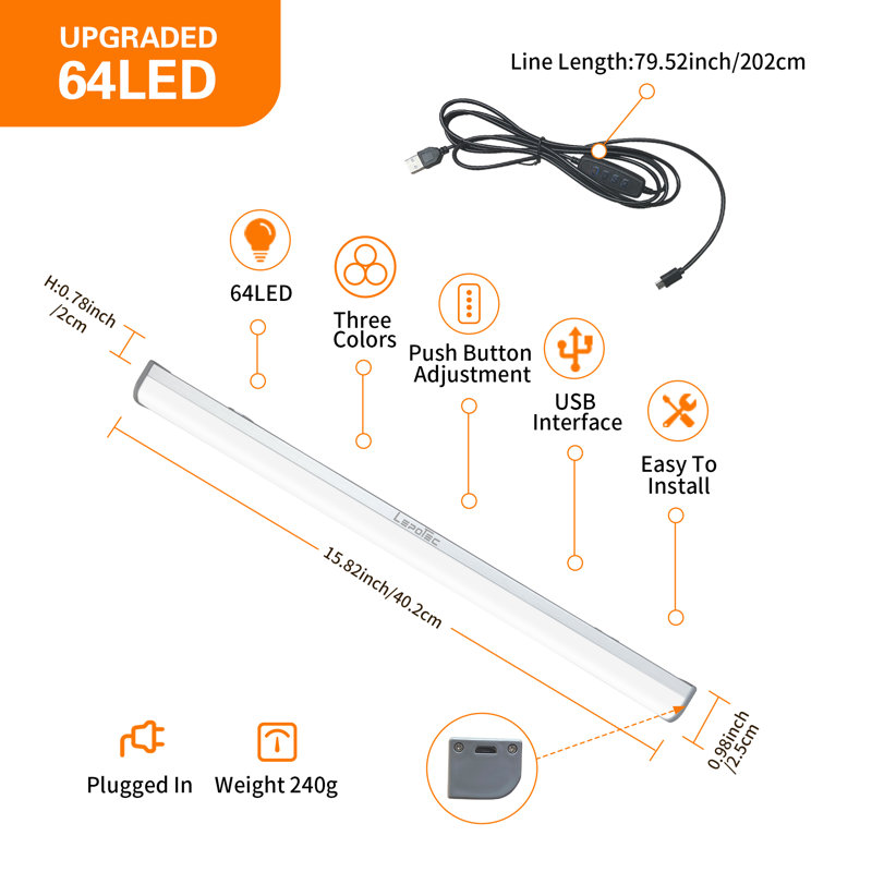 3Colors Bathroom Vanity Lighting, 64LED with 10 Levels Plug-in Brightness Bathroom Light(set of 1)