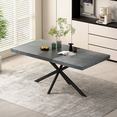 Table de salle à manger rectangulaire extensible de 55,11 po à 70,86 po, plateau en pierre gris foncé et plaque en relief noir, table de salle à manger en fer fin noir avec base en fer et boîte de rangement.