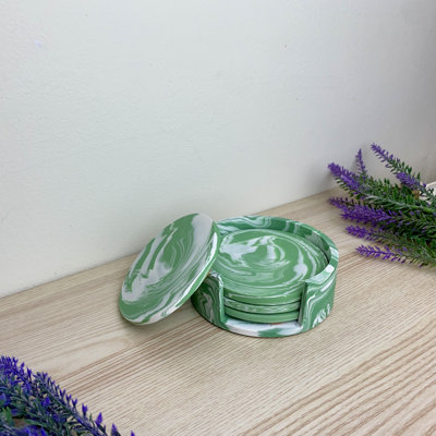 Stoneware Round 4 Piece Coaster Set With Holder