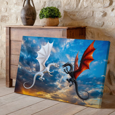 Canvas A Breathtaking Scene Depicting Two Dragons Soaring Through A Dramatic Wall Art Sky One With Shimmering White Scales And Elegant Canvas Wall Art