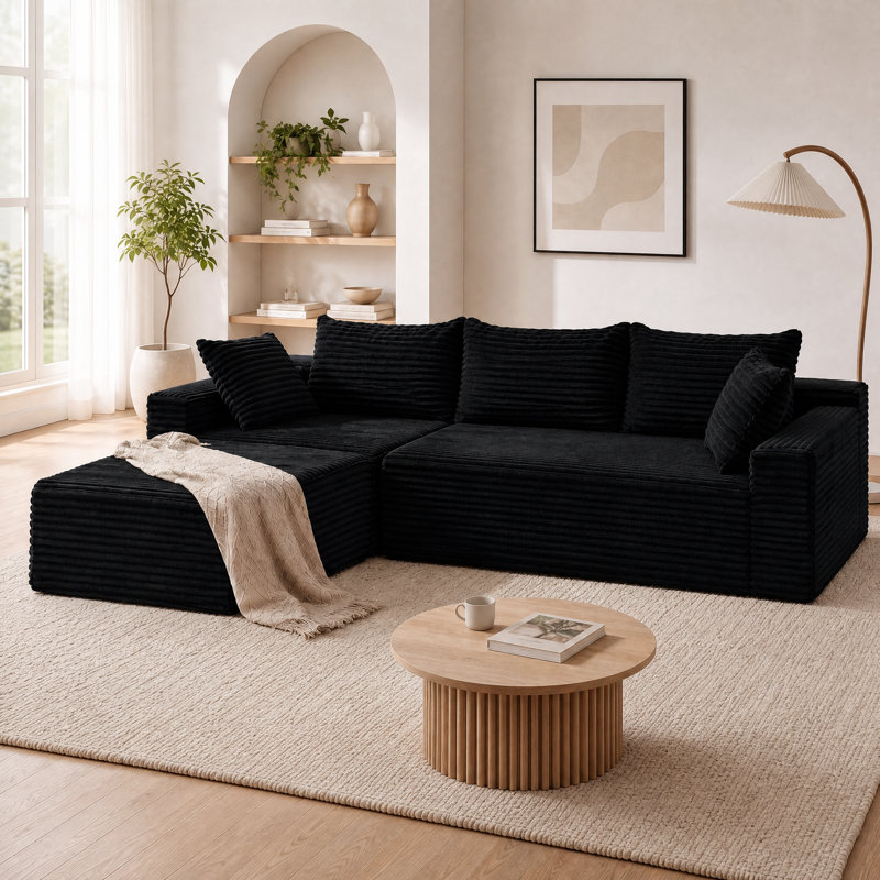 Boneless 94" W Black Corduroy Upholstered Modular Sectional Sofa with 5 Pillows, 2-Piece Convertible Sleeper, No Assembly Required