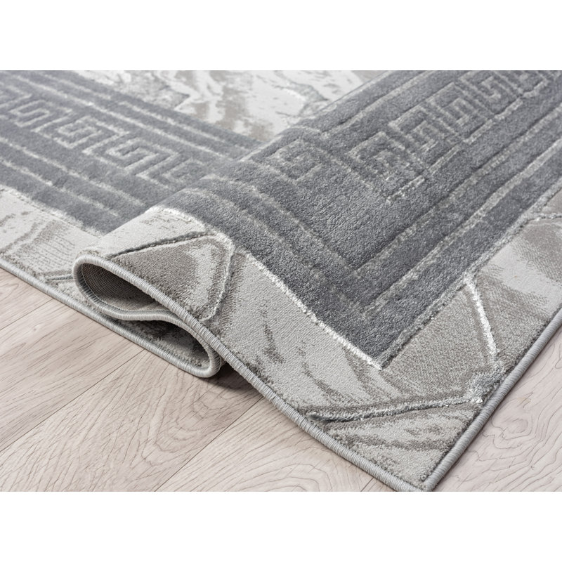 Tapis à bordure abstraite crème / gris Ksamil Collection, Rectangle 5 pi 3 po x 7 pi 3 po