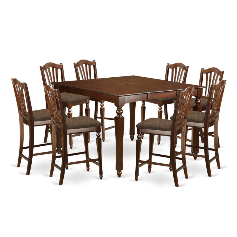 Ensemble bistro 9 pièces à hauteur de comptoir comprenant une table de salle à manger carrée avec rallonge papillon et 8 chaises de cuisine revêtues de tissu en lin, 54 x 54 pouces, acajou