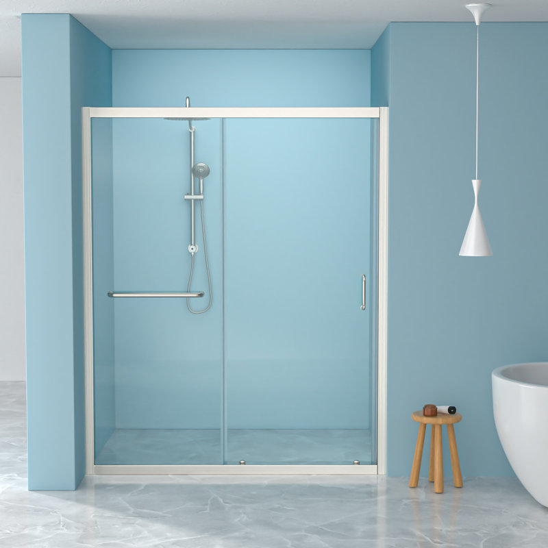 Porte de douche coulissante 48 po x 72 po à simple dérivation, enceinte en verre argenté brossé de 6 mm | Idée de cadeau
