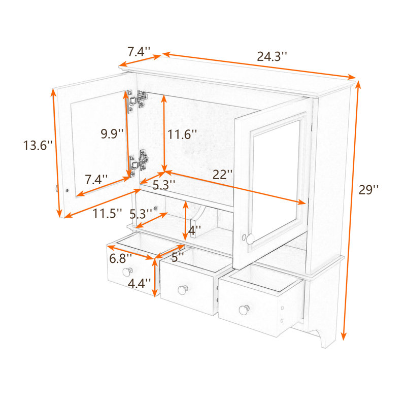 Armoire de salle de bain luxueuse avec tablette, tiroirs, miroirs et crochets, Noir