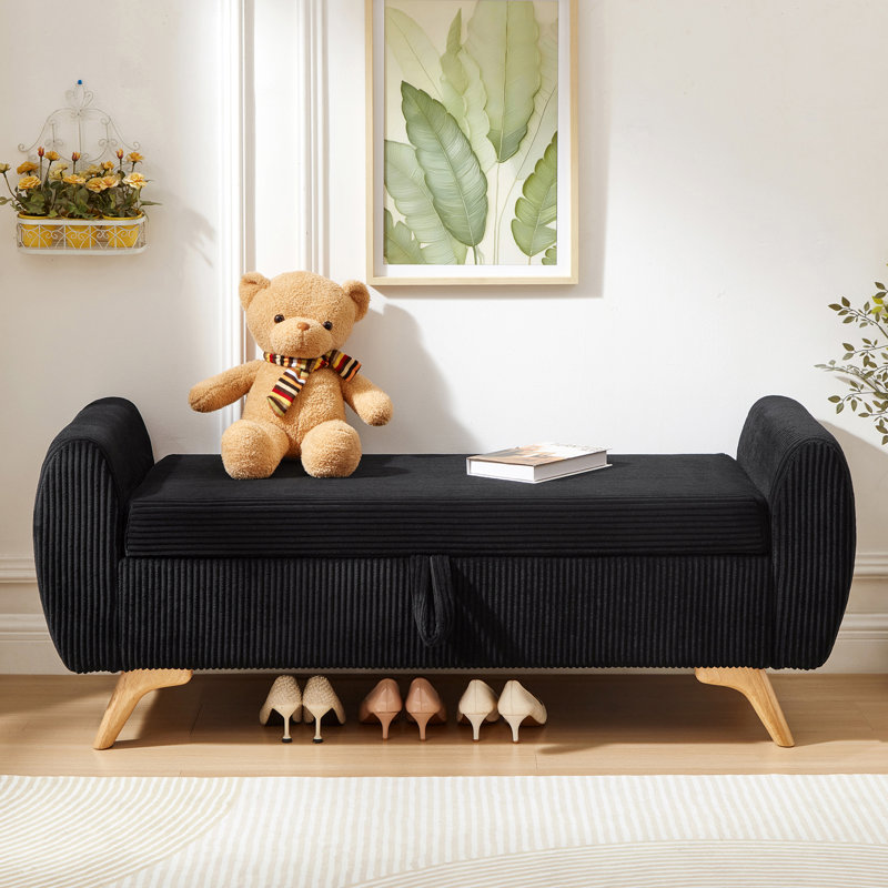 Banc de rangement rembourré en velours côtelé de 57 po, Noir, Noir
