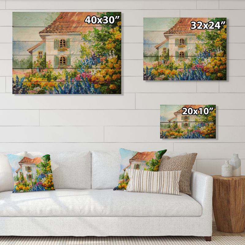 Fleurs colorées dans la maison méditerranéenne VI - peinture sur bois sans cadre, H 30 po x l 40 po x P 1 po
