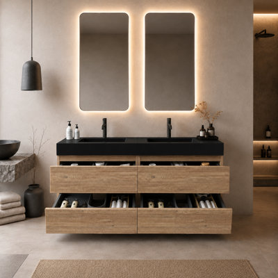 Meuble-lavabo flottant mural de 60 po avec lavabo intégré à finition brillante, fabrication en bois franc de qualité supérieure et tiroirs à fermeture en douceur - pré-assemblé