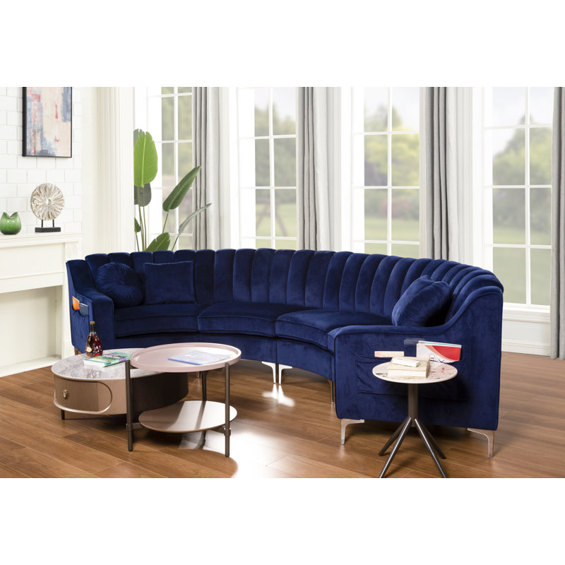 142" Wide Velvet Symmetrical Modular Corner Sectional, Blue