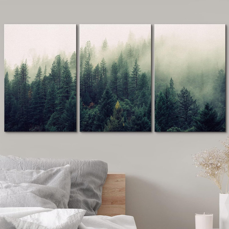 «Landscape with Trees in Mist» - ensemble de 3 reproductions de photos sur toile, H 24 po x l 16 po, Toile tendue, Sans cadre