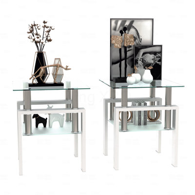 Square Glass Coffee Table Set Of 2 Living Room Set Of 2 Modern Tempered Tea Table Coffee Table End Table Transparent/White