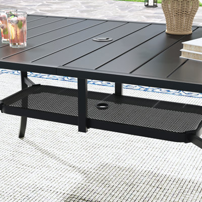 Outdoor Rectangular 6-Person Dining Set With Umbrella & Stackable Textilene Chairs