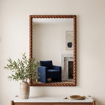 Farmhouse Rectangle Wall Mirror with Solid Wood Frame and Carved Rope Detail