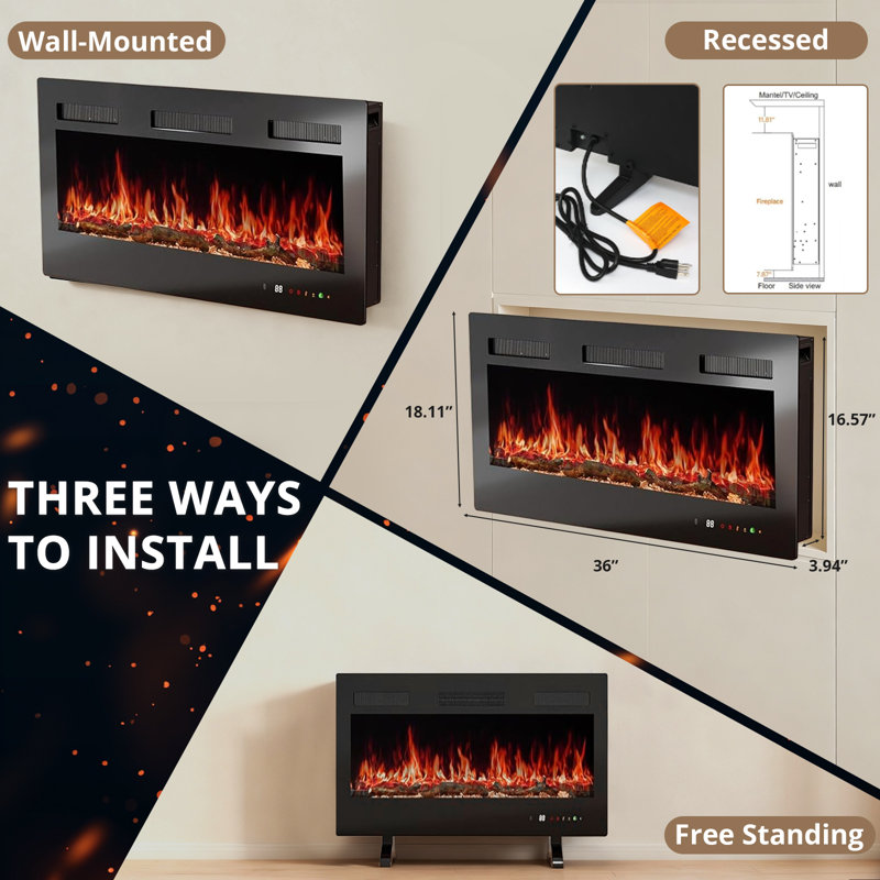 Electric Fireplace Insert, 1500W Wall Mounted & Recessed Fireplace, Freestanding Fireplace Heater With Remote & Touch Panel Control, Adjustable Flame Effect, 12H Timer For Indoor Use