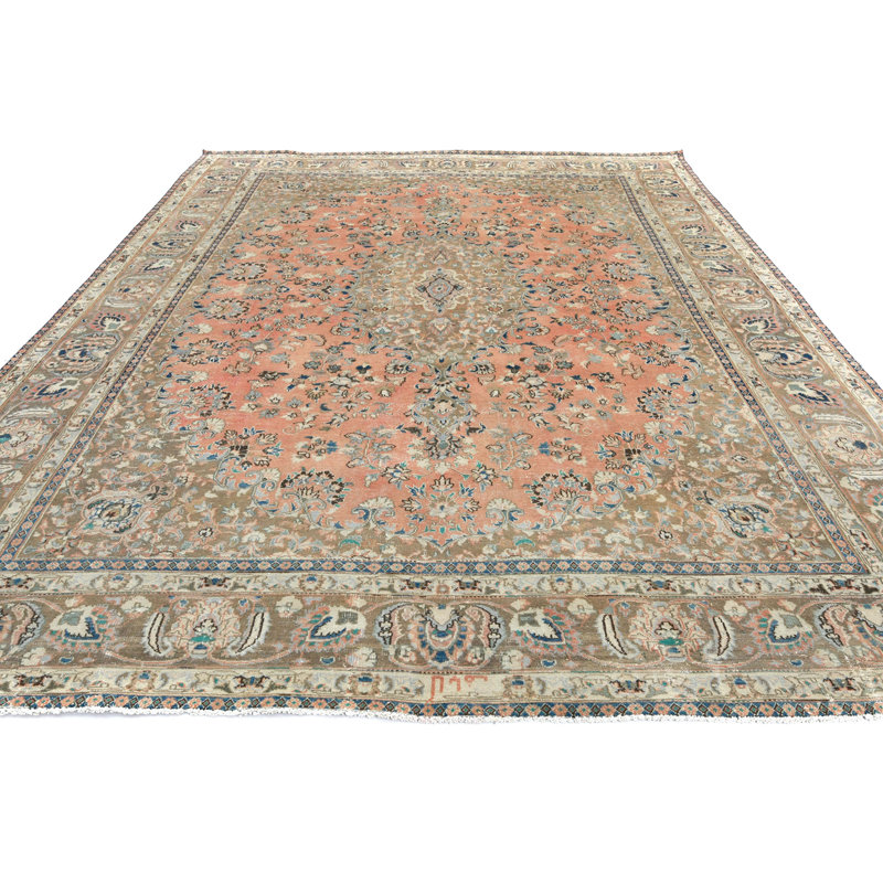 Tapis oriental délavé à la main de couleur saumon rouille 9X12