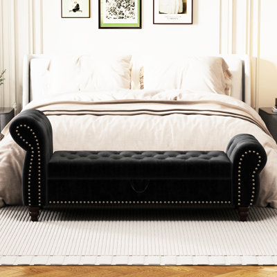 Banc de rangement de chambre à coucher en velours noir avec compartiments de chaise amovibles 64,5 po