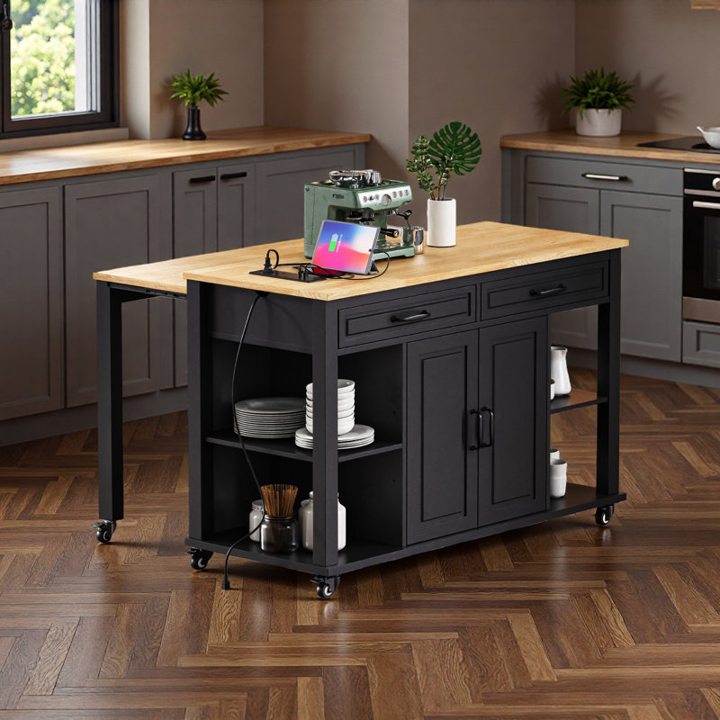 47 Inch Kitchen Island With Extendable Dining Table, Rubber Wood Veneer Kitchen Table With Internal Storage Rack, Power Outlet, Kitchen Island With Storage 2 Drawers 2 Cabinet