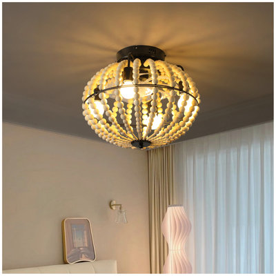 18" Bohemian Wood Beaded Ceiling Fan With Light, Flush Mount Caged Ceiling Fan, Rustic Farmhouse Low Profile Fan Light Fixture For Indoor Home Decor (Silent/6-Speed/Reversible/DC Motor) (No Bulbs)