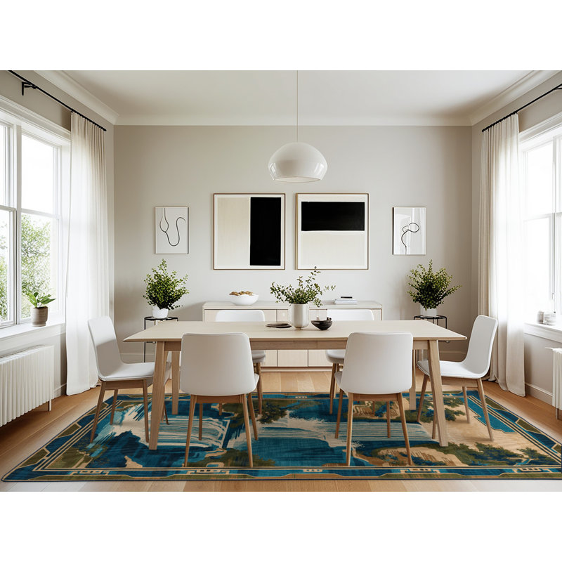 Machine Washable Art Deco Blue Area Rug, Rectangle 7' x 10'