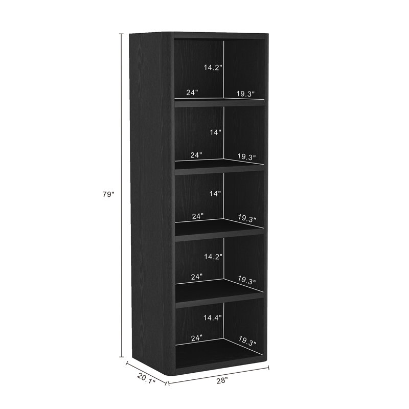 Rivington 79"  H x 28" W Modern 5-Shelf Open Bookcase in Black, Black