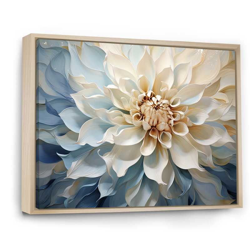 Blanc et bleu fleur de dahlia minimalisme - art mural dahlia, H 12 po x l 20 po x P 1 po, Cadre naturel flottant