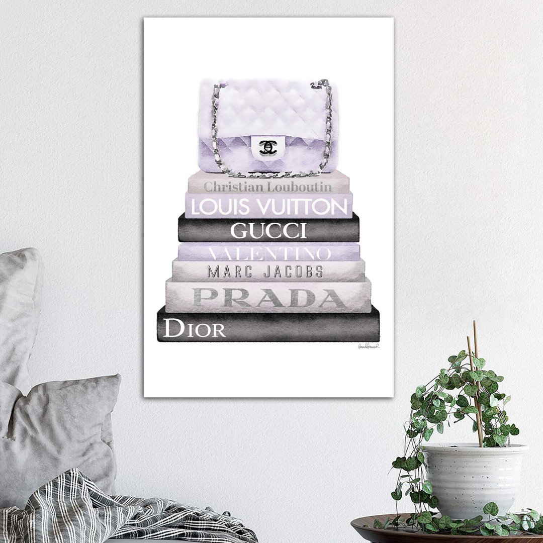 Leinwandbild - Kunstdrucke „Grey and Lilac Bookstack and Quilted Bag” von Amanda Greenwood