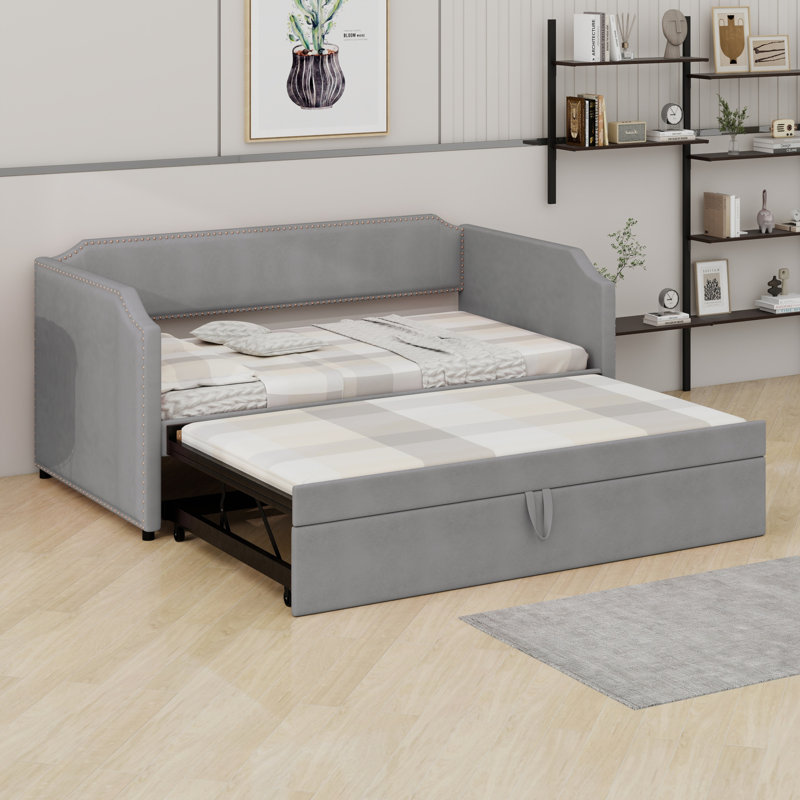 Velvet Upholstered Daybed With Pop Up Trundle, Gray